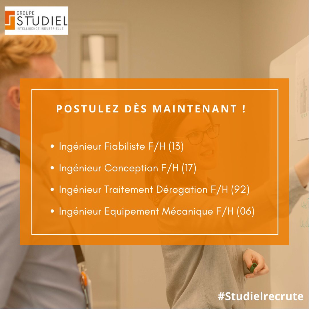 Vous disposez d’un diplôme d’Ingénieur ?
Nos 4 postes sont disponibles ici : lnkd.in/dgTuyk7
Pour postuler, transférez votre CV à recrutement@studielgroup.com

#Studielrecrute #recrutement #ingénieurs