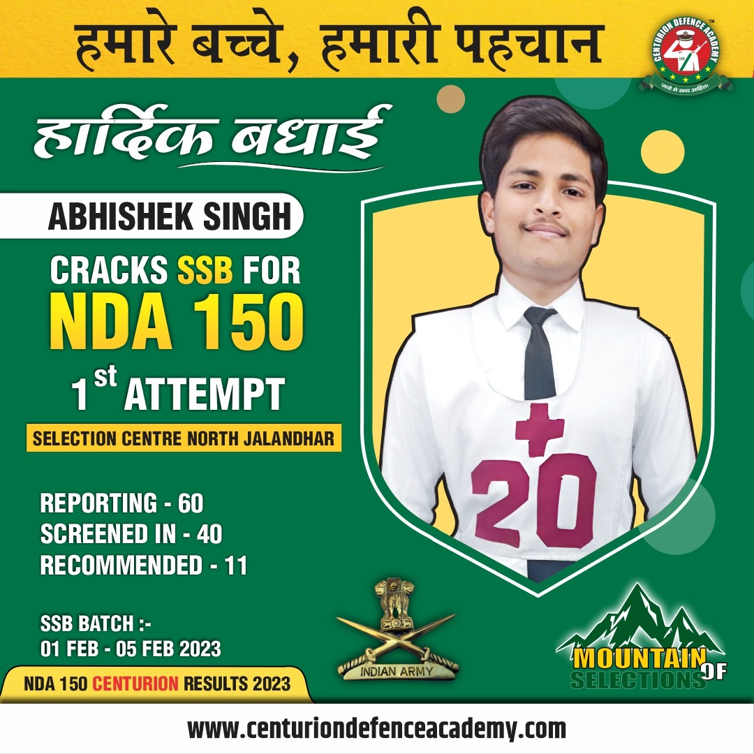 centurionaca's tweet photo. NDA 150 Course में सेंचुरियन डिफेन्स अकादमी के selections अनवरत जारी।

इसी क्रम में हमारे प्राउड सेंचुरियन अभिषेक सिंह को Selection Centre North Jalandhar से पहले ही प्रयास में NDA 150 course के लिए recommendation प्राप्त हुआ है।

#ndamotivation #mountainofselection #nda150 https://t.co/klndO74ZPT