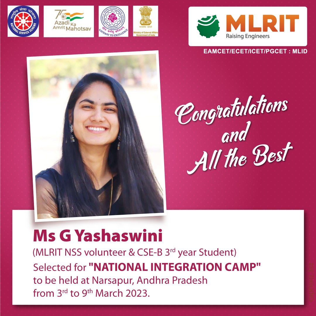 mlritin's tweet image. Congratulations 👏 Yashaswini for getting a chance in National Integration Camp to be held at Narsapur, Andhra Pradesh.
Wishing you great learning in serving our nation through #nsscamp 
#nssindia #nss #nationalintegrationcamp