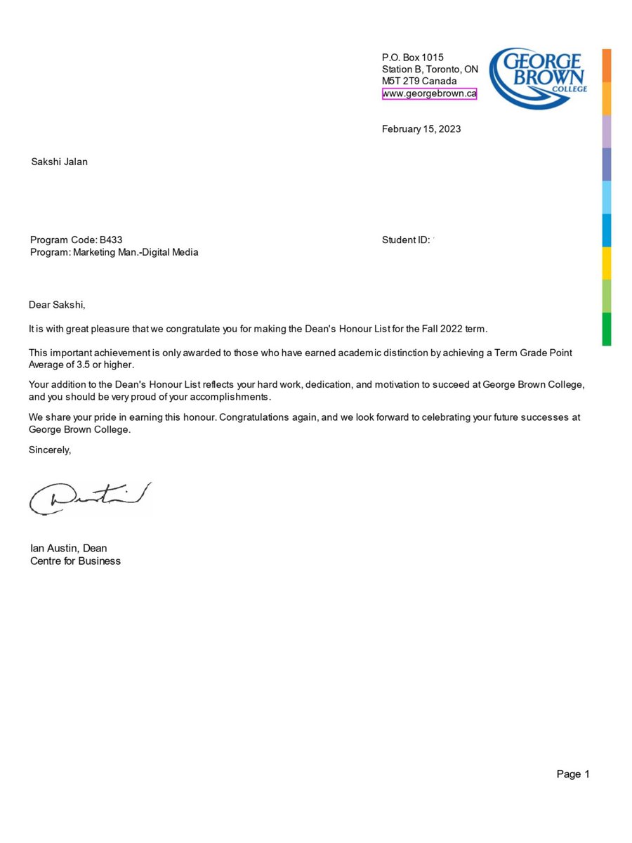 JalanSakshi's tweet photo. Excited to share that I made the Dean's Honour List at @GBCollege for Fall 2022! Grateful for profs' guidance, peers' support, and the college's opportunities. 

#GeorgeBrownCollege #HonourRoll #AcademicExcellence #PassionForLearning #MARK1051 #KnowYourSocial https://t.co/ZPpiNvxj8F