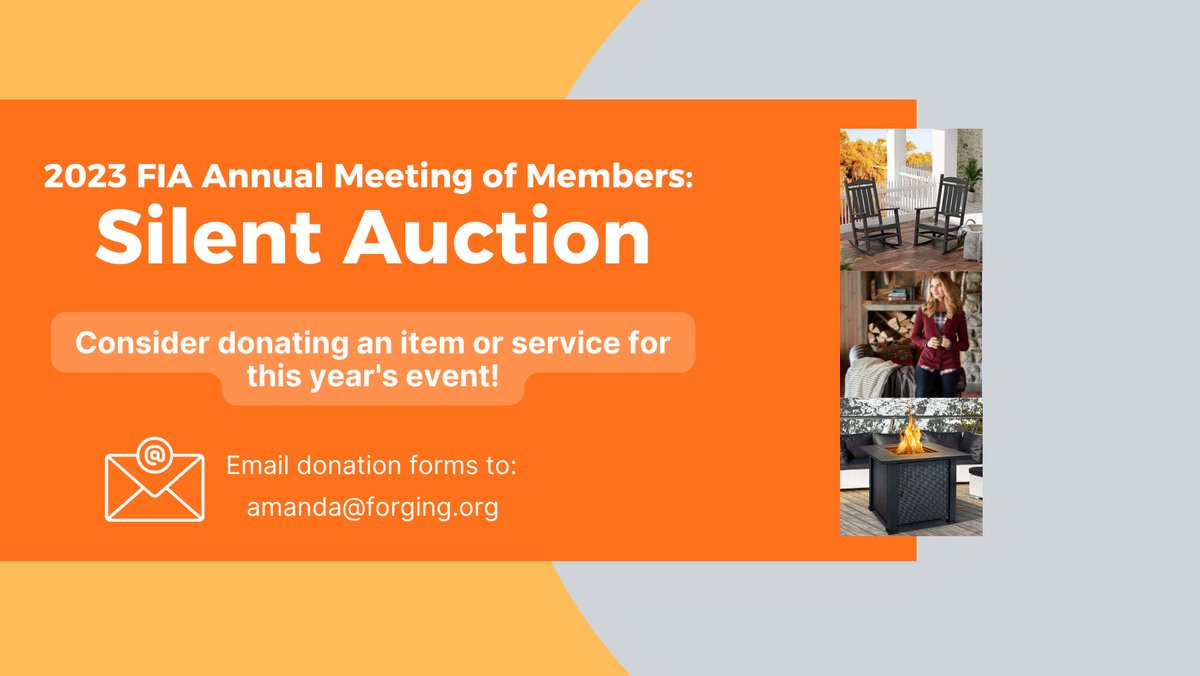 ForgingIndustry's tweet photo. Consider donating to this year’s Silent Auction at the 2023 FIA Annual Meeting of Members! Event Tickets/Experiences, Gift Certificates, Baskets, make great donation items. Email donation forms to amanda@forging.org.
Click the link below:
https://t.co/7bKoX77cAA
#FIERF #FIA https://t.co/NOt0wvlZDd