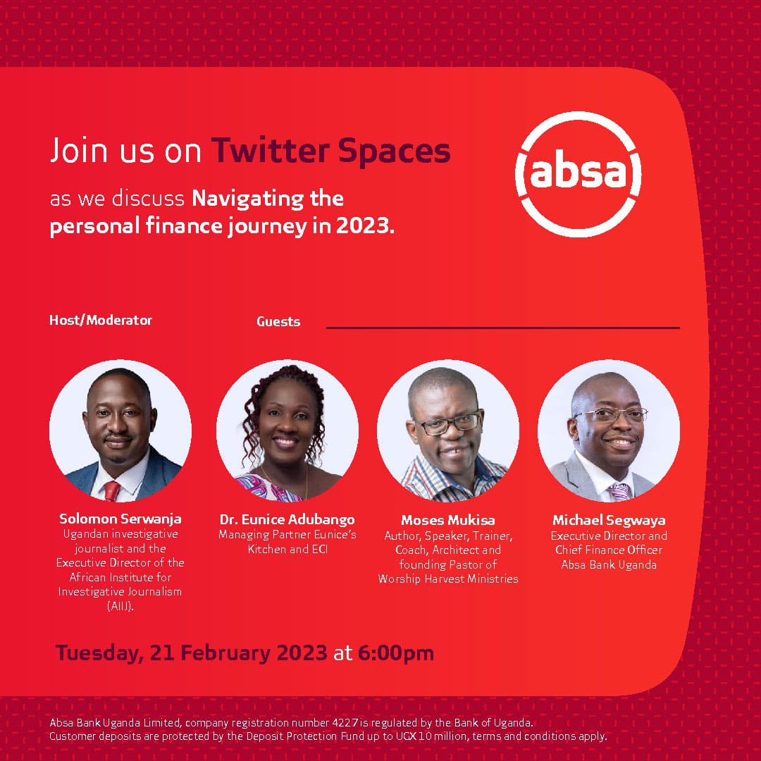 Join us alongside @SolomonSerwanjj , Dr. @EuniezKitchen, Apostle @mosesmukisa & our very own Chief Financial Officer @segwaya this Tuesday, 21st February at 6pm on our Twitter Space as we discuss how we can navigate through personal finances this year.