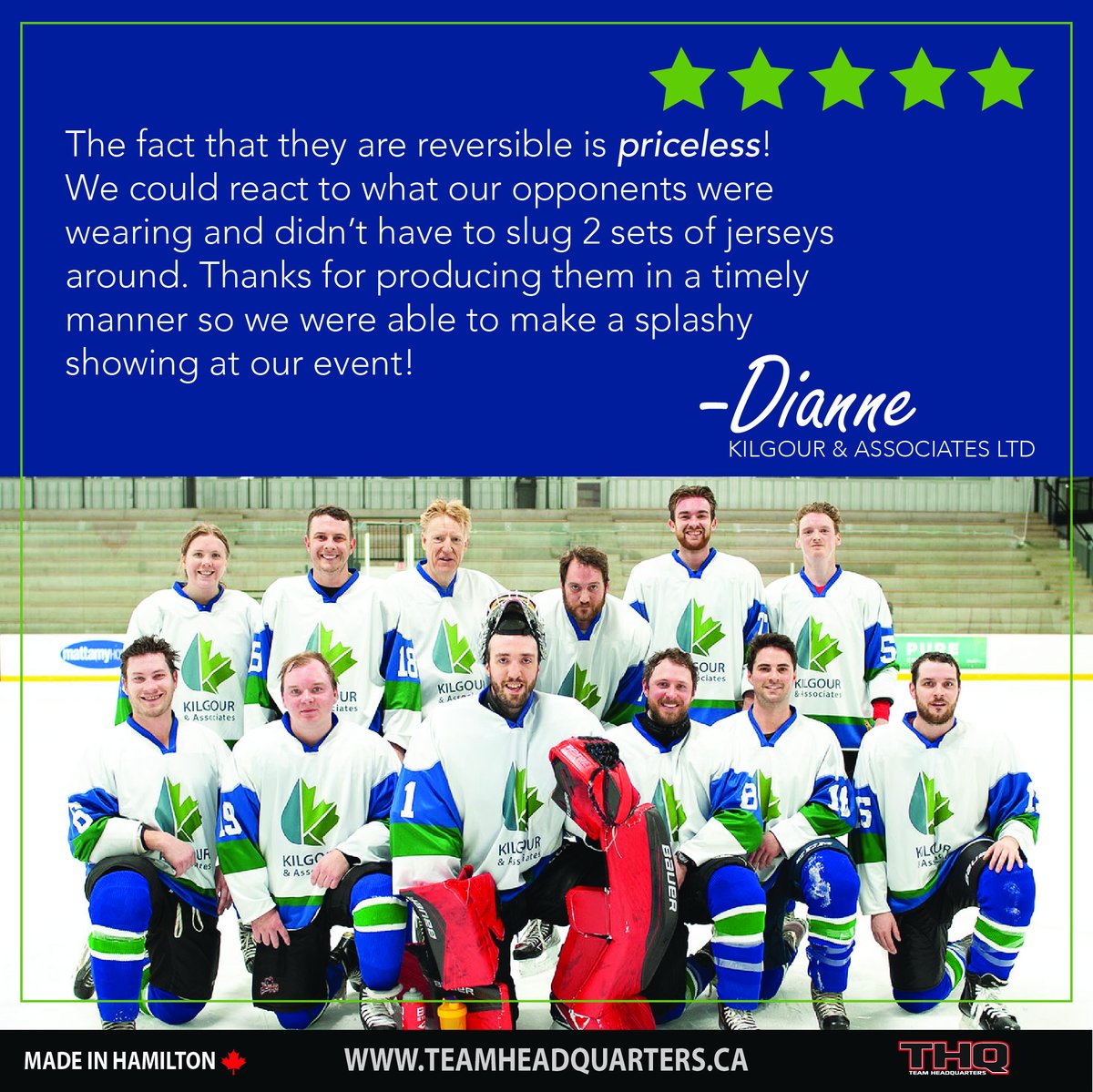 Team_HQ's tweet photo. Thanks Dianne!
The fact that they are reversible is priceless! We could react to what our opponents were wearing and didn’t have to slug 2 sets of jerseys around. Thanks for producing them in a timely manner so we were able to make a splashy showing at our event! https://t.co/RaXI9LTn8j