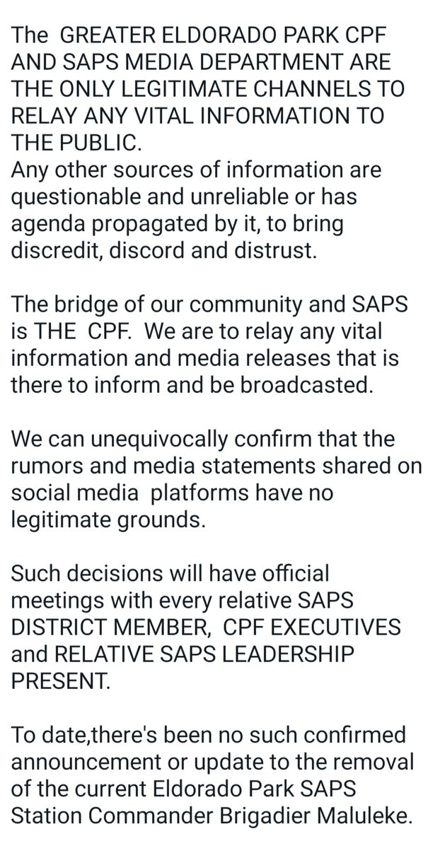 allona261's tweet photo. What is happening in Eldorado Park? An entire opportunistic movement made an announcement that the Brigadier has been transferred, but now we have received a statement that this is not true. Carry on being followers of opportunists! https://t.co/LpTJF0A8fc