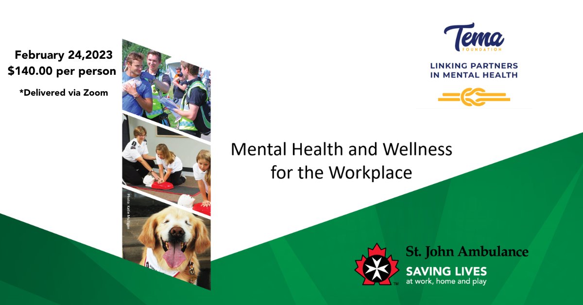 St. John Ambulance, Saskatoon Office, will hold a Mental Health and Wellness for the Workplace course on February 24, 2023. The cost is $145.00 per person and will be delivered via Zoom. 

For more information about this course and to register, call 306-343-0041