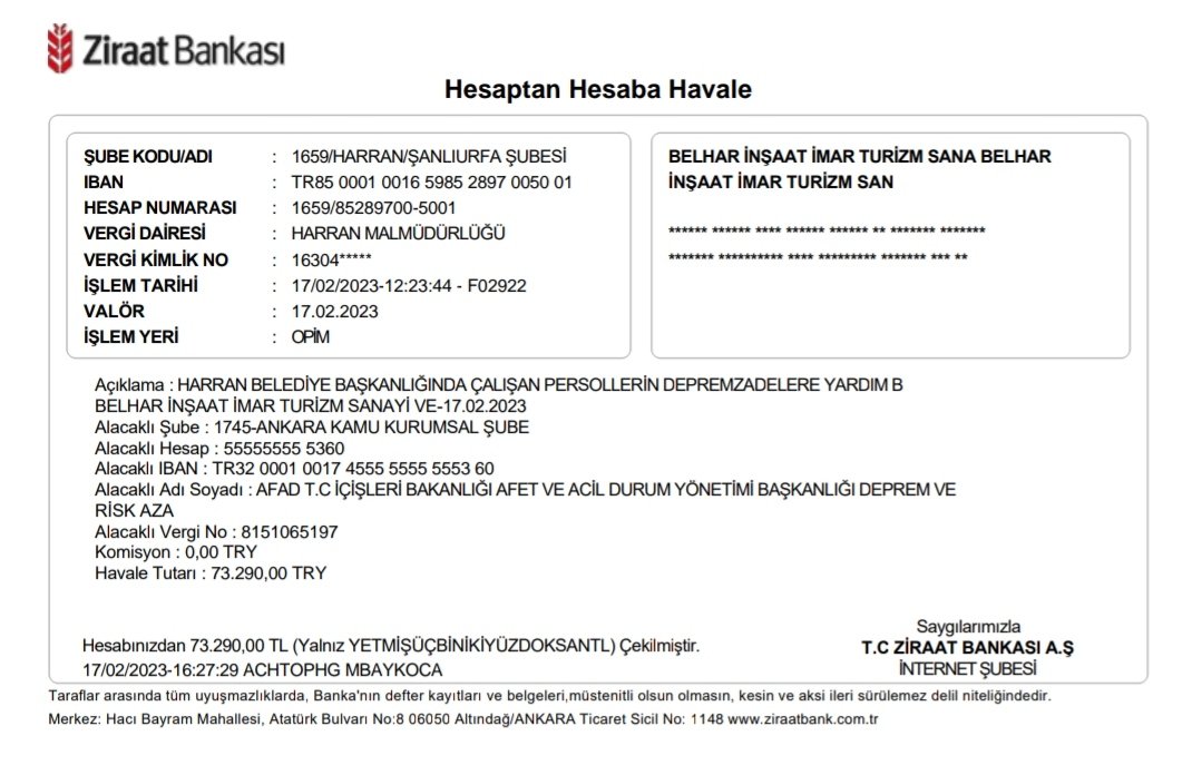 Harran Belediye Başkanlığımızın vefalı, gönlü zengin çalışma arkadaşlarımızın Tek Yürek Türkiye çağrısı üzerine <a href="/AFADBaskanlik/">AFAD</a>'a yaptıkları bağış için teşekkür ediyorum.

Cenab-ı Allah bizleri bu tür afet, görünür görünmez kaza ve belalardan muhafaza eylesin.