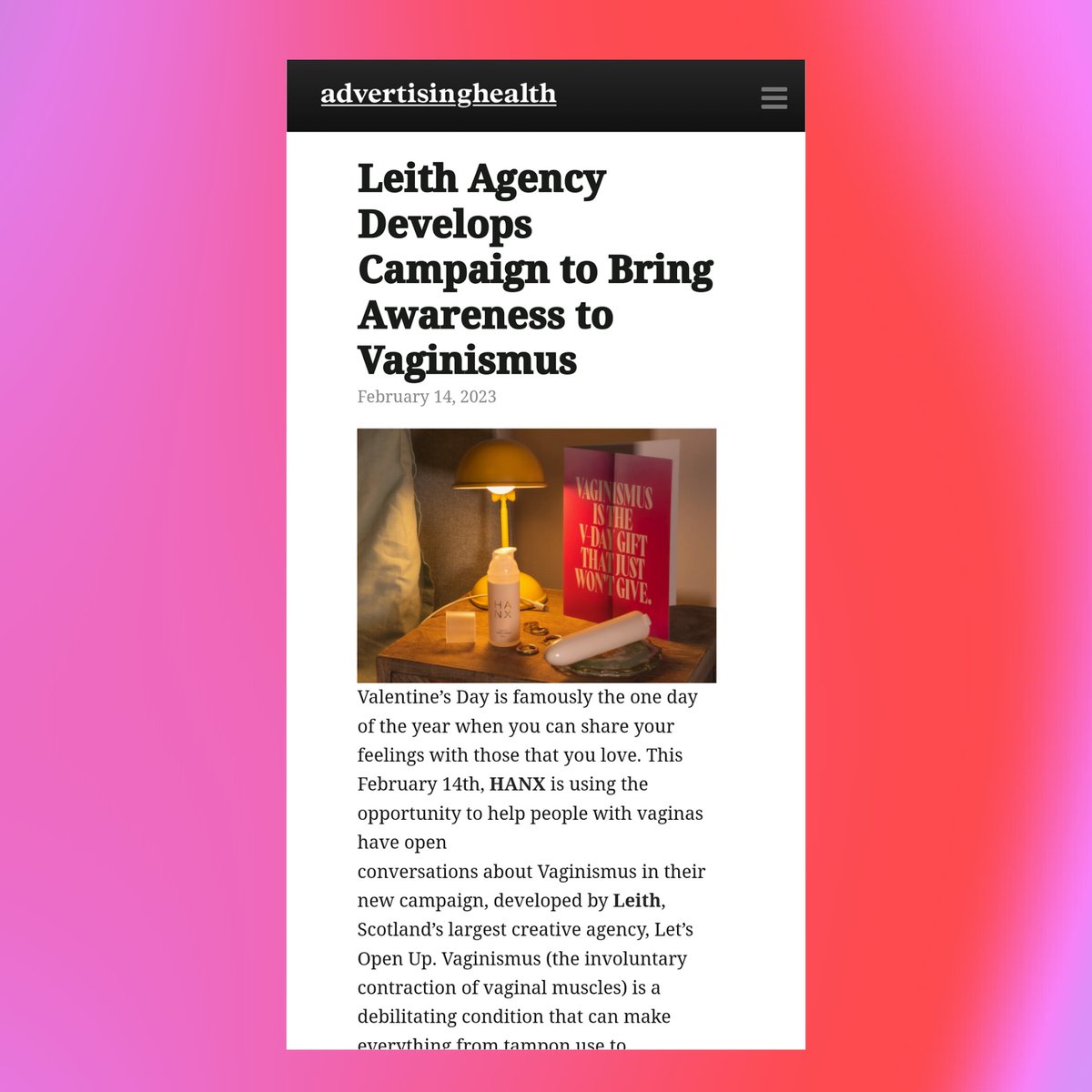 FEELING THE LOVE 💞
We're so proud to see our campaign with <a href="/HANX_official/">HANX</a> got everyone talking this week, including <a href="/TheDrum/">The Drum</a>'s Best Ad of the Week.
Breaking down taboos and the shame often felt around Vaginismus is the aim and it's certainly made an impact so far. Stay tuned  🙌