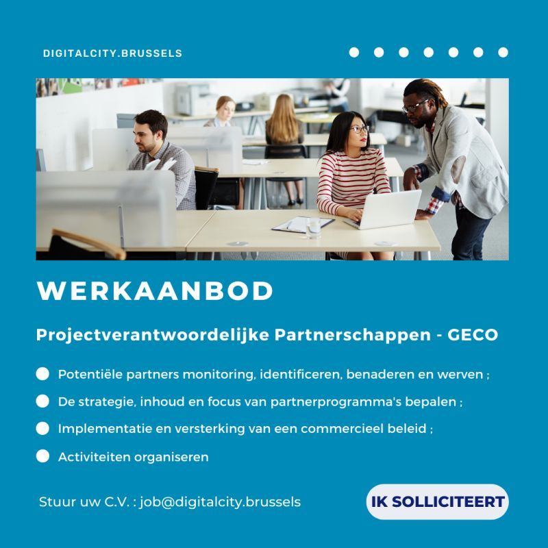 #WeAreHiring Projectverantwoordelijke partnerschappen (m/v/x)
👉 lnkd.in/ewpUct4N

Stuur uw #cv > job@digitalcity.brussels

#werk #werkaanbod #job