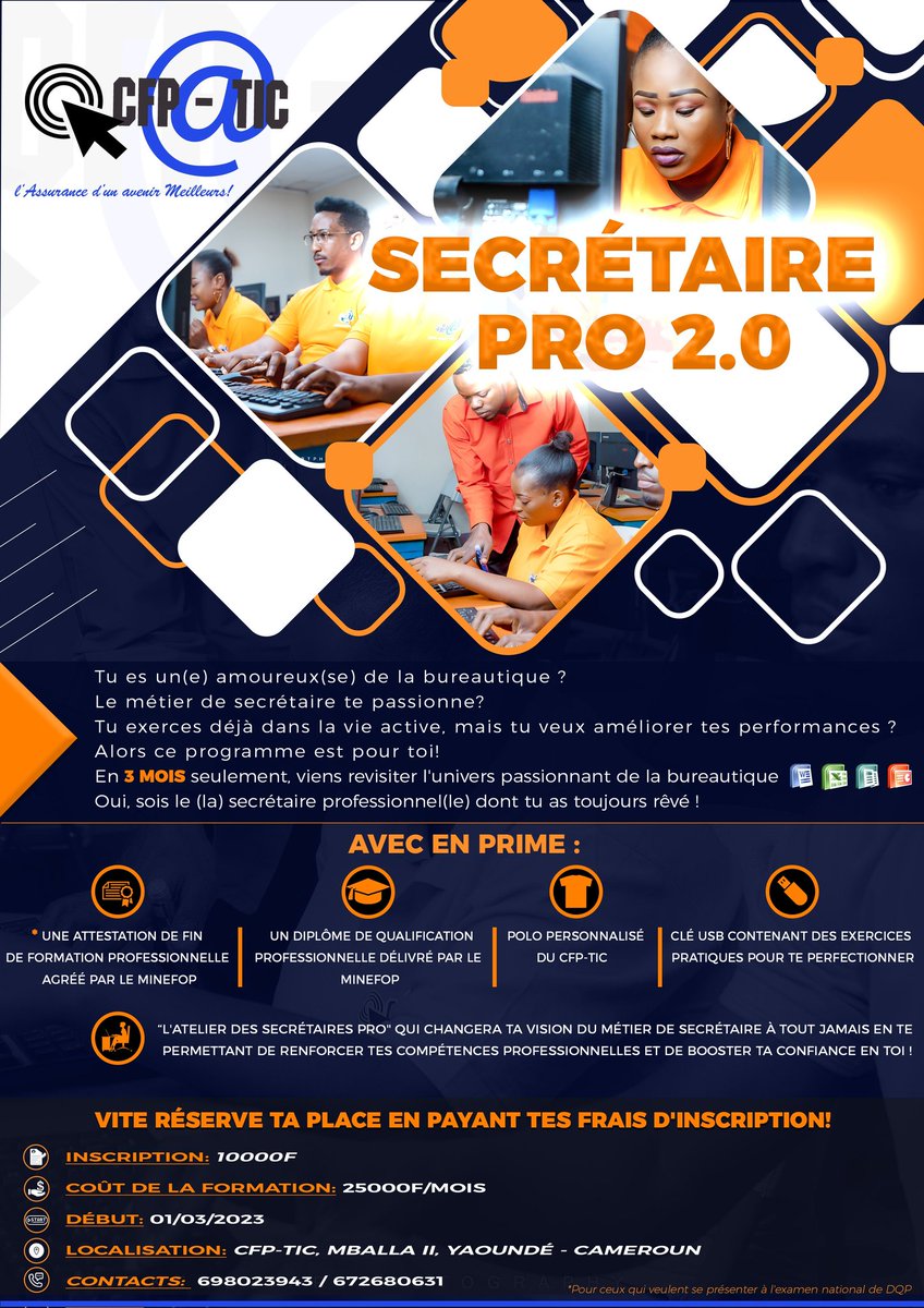 CfpTic's tweet photo. 📌 Programme de Secrétaire Pro 2.0
En 3️⃣ mois seulement👌🏿, viens revisiter l'univers passionnant de la bureautique 🖥️ et sois le(la) secrétaire dont tu as toujours rêvé😍 ❗
Localisation 📍 : Mballa 2, Yaoundé Cameroun
Téléphone 📱: 698023943/ 672680631
#TIC
#Secretaire
#foryou https://t.co/bQph9CWAqs