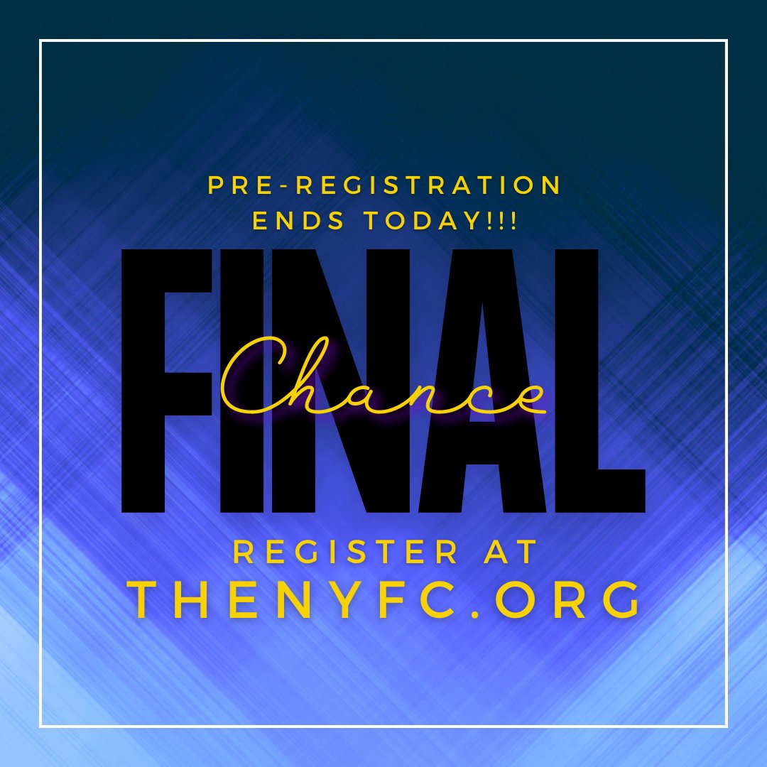 It is here - the final chance to pre-register for the NYFC! Today is your last chance to get reserved seating and register your sports teams for the conference. So don't miss it! Register now @ thenyfc.org
#NYFC
#Uttermost
#lastchance