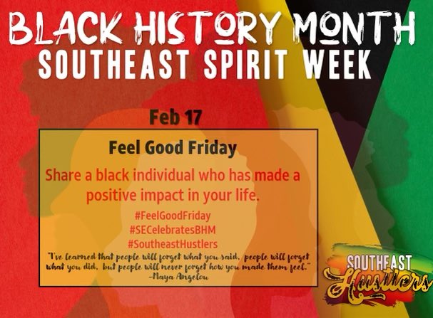 SoutheastIHX's tweet photo. Feel Good Friday!! 🤩 Share a black individual who has made a positive impact in your life. We have loved seeing everyone’s posts this week! Thank you all for sharing, we can’t wait to see your posts! ♥️💛💚 #FeelGoodFriday #SECelebratesBHM #SoutheastHustlers https://t.co/k6XR7FsZWQ