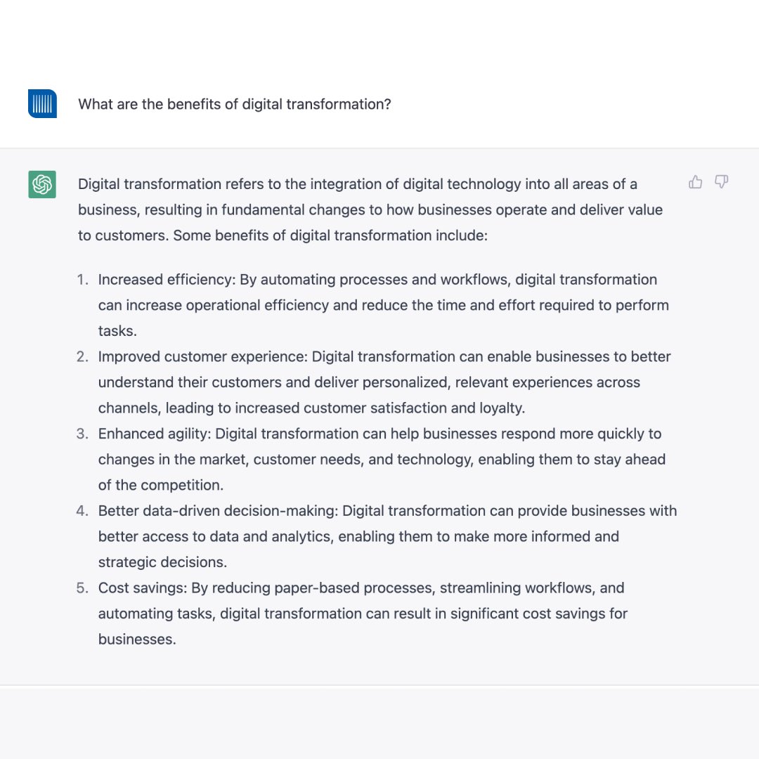 We asked ChatGPT what the benefits of digital transformation are, and we couldn't agree more 🙌

 #digitaltransformation #chatgptai #ai #artificialintelliegence