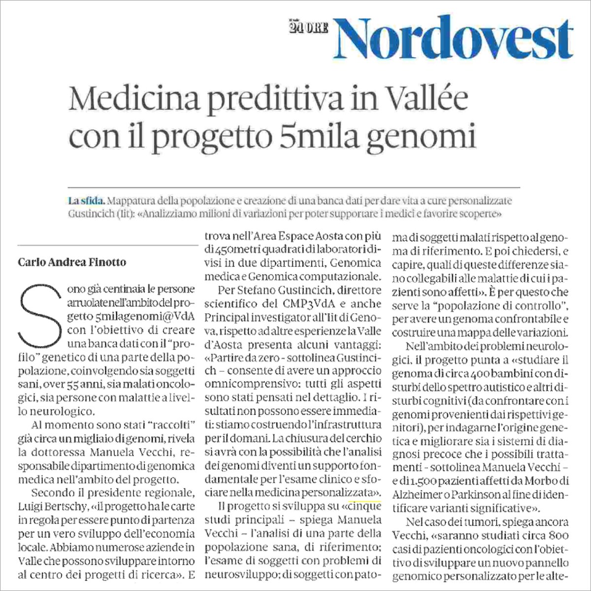 5000genomi's tweet photo. Oggi su Il Sole 24 Ore si parla di #CMP3VdA in qualità di centro di #eccellenza scientifico e di modello per la #crescita delle realtà produttive valdostane.
Risorse innovative, strumentazione avanguardistica e team multidisciplinare: queste le caratteristiche del nostro Centro. https://t.co/WYEuJXsRMx