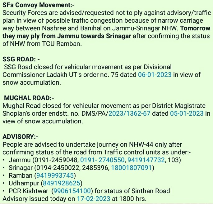 Traffic_hqrs's tweet photo. Traffic plan for 18-02-2023
@JmuKmrPolice @JKTransportDept @OfficeOfLGJandK @Divcomjammu @DivisionalComm1 @ZPHQJammu @diprjk @ddnews_jammu @ddnewsSrinagar @ddnewsladakh https://t.co/RCyzUqQfu3