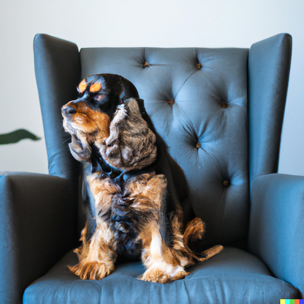 csmithystuff's tweet image. Today I'm thankful for my comfy working chair and Gil (even though he's annoying sometimes).

Text prompt: a comfy mid century modern blue chair with a black and brown cocker spaniel sitting on it.

#OpenAI #DALLE2
