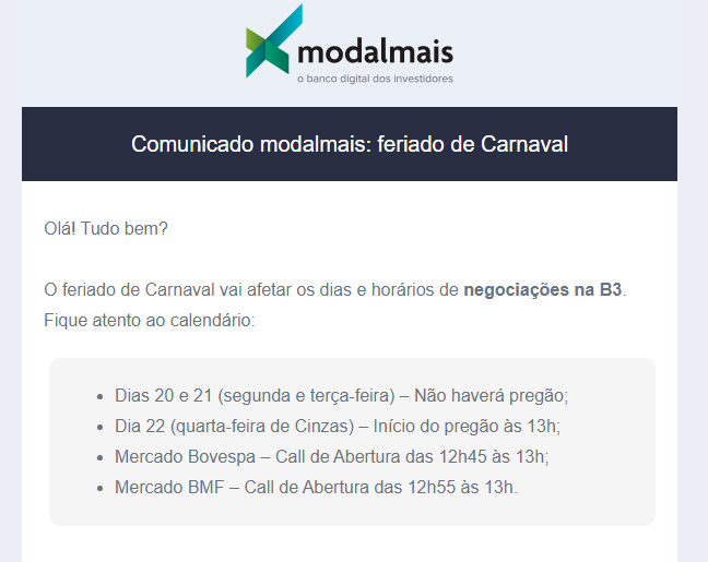 CharlesFibonacc's tweet photo. Comunicado #modalmais: feriado de #Carnaval
@modalmais #VemSerModalMais
🖥️🖱️📉📈⤵️ https://t.co/VnKiAIwJyE
