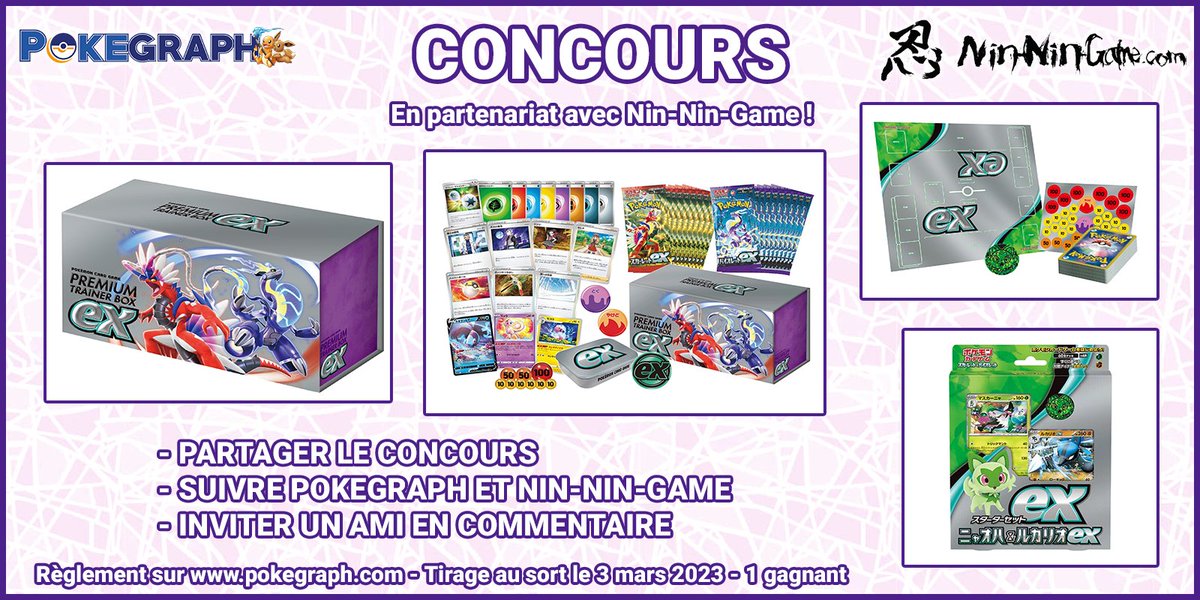 🎁 CONCOURS : #PokemonScarletViolet Premium Trainer Box ex + Starter Set ex à gagner👀

Pour participer :
🔸#RT
🔸#Follow <a href="/Pokegraph/">Pokégraph</a> &amp; <a href="/Nin_Nin_Game/">Nin-Nin Game Anime Figures & Hobby 🇯🇵</a>
🔸Inviter un ami en commentaire

Disponibles ici ➡️nin-nin-game.com/fr/pokemon-car…

🔸TAS 03/03/23
Règlement➡️pokegraph.com/pokegraph/regl…