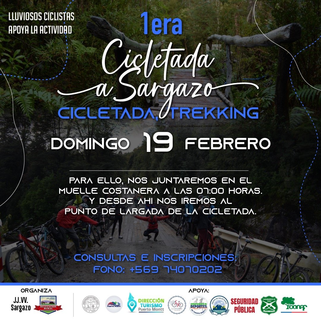 Este domingo nos juntamos en el muelle de puerto montt y nos vamos juntos pedaleando hacia el parque alerce andino.
Mas info al +56974070202