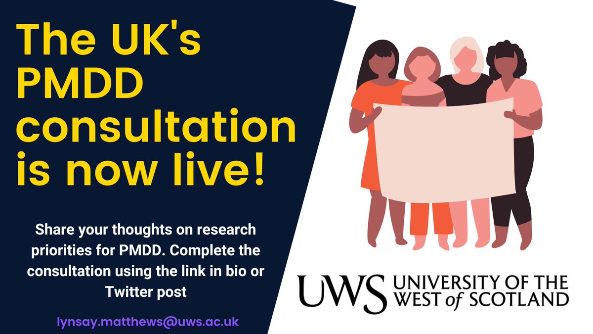 The UK's first consultation on Premenstrual Dysphoric Disorder (PMDD) is now LIVE! 

Complete the online survey here: forms.office.com/e/g159nsf9j3 
We need input from: all HCPs, people with PMDD, their partners, researchers, ANYONE with an interest in PMDD and women's mental health