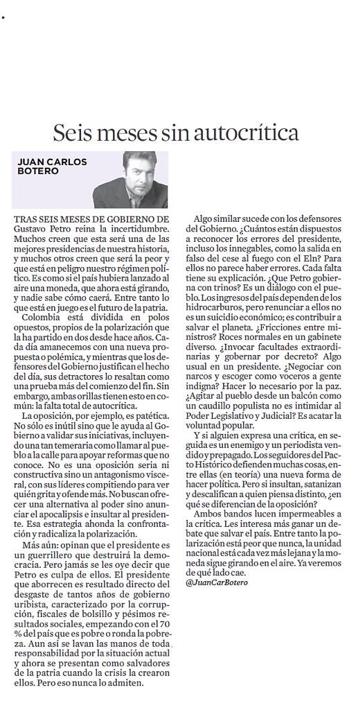 JuanCarBotero's tweet photo. “Es como si el país hubiera lanzado al aire una moneda, que ahora está girando, y nadie sabe cómo caerá.
Entre tanto lo que está en juego es el futuro de la patria”.
Los invito a leer la versión en papel de mi columna “Seis meses sin autocrítica”en @elespectador y @EEopinion https://t.co/qbGmmCEAwb