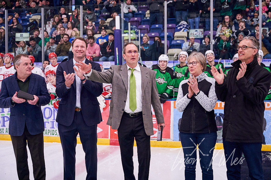 USHL's tweet photo. USHL Rewind | Taking a quick look back to last week as we celebrated win #750 for @RidertownUSA HC Mark Carlson. #StarsRise https://t.co/ZYxHsScR0o