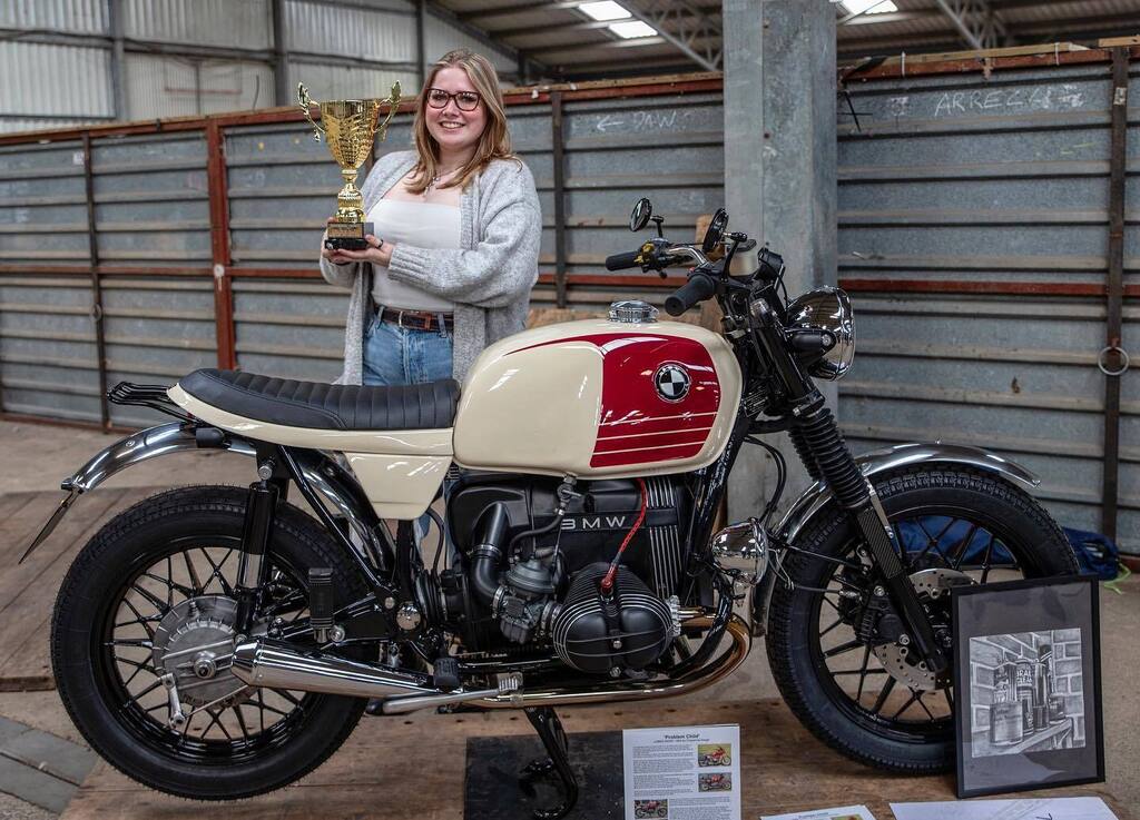 Father / Daughter Roadster: 1984 BMW R80 “Problem Child” by 20-year-old Cheyenne Keogh and father Mark of the UK’s CKM Designs — their third build together, which took home a trophy at @kickback.manchester.bikeshow 2022!

Says Mark:

“My daughter has been designing her own b…