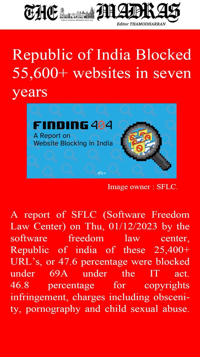 thamodharran's tweet image. A report by #SFLC (Software Freedom Law Center) Republic of India Blocked 55,600+ websites in seven years