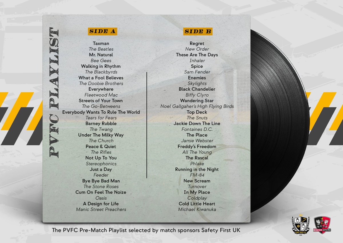 SafetyFirstUK's tweet image. The pre-match playlist chosen by us for tomorrows game at @OfficialPVFC 🖤💛 🙌🏼 

Looking forward to spending the day there tomorrow as match- ball sponsors ⚽️ . See any tracks that you like? 👀 🎶 

#SafetyFirst #pvfc #Playlist #sponsorship