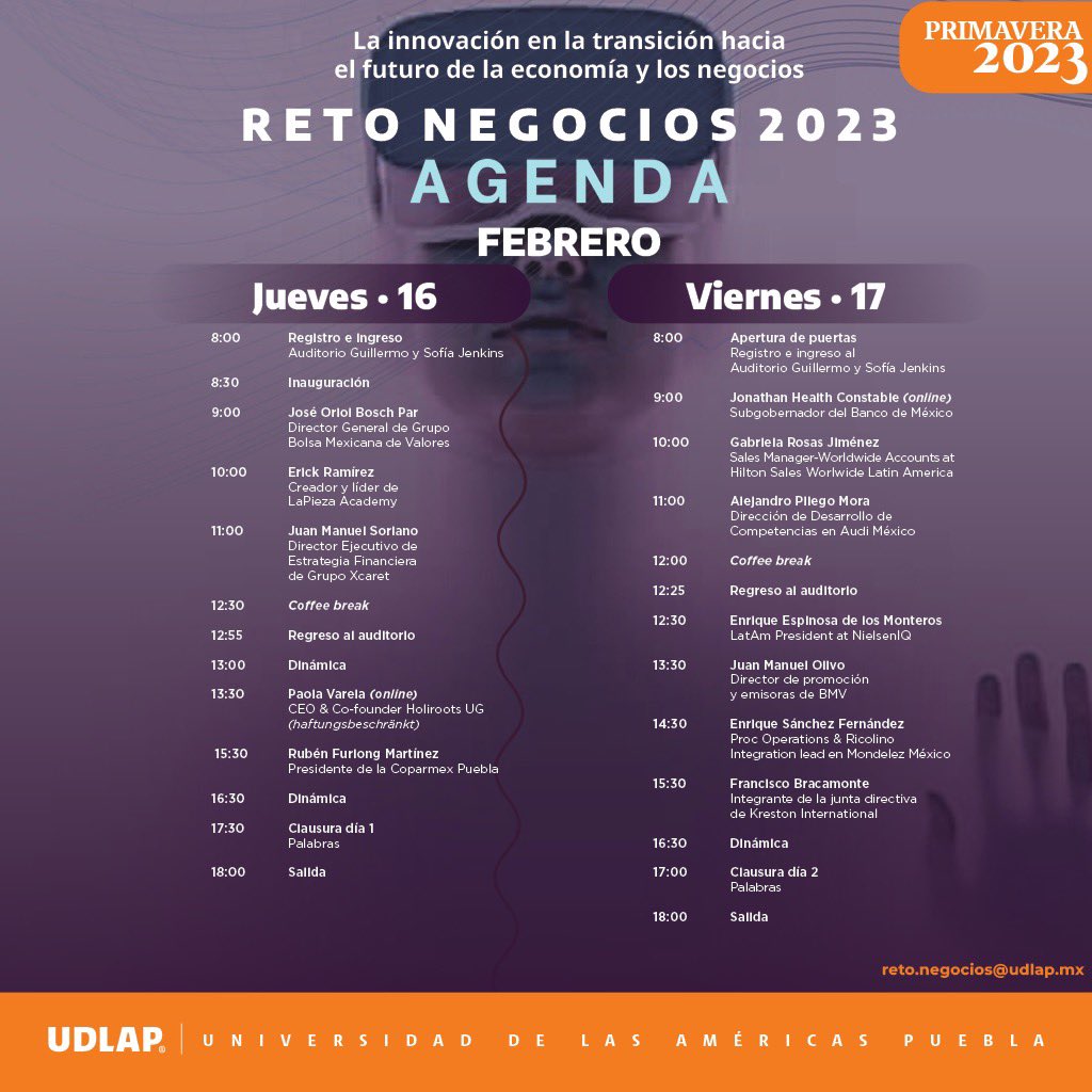 RetoNegUDLAP's tweet photo. Te compartimos la agenda de Reto Negocios 2023!! https://t.co/KbU08GXoke