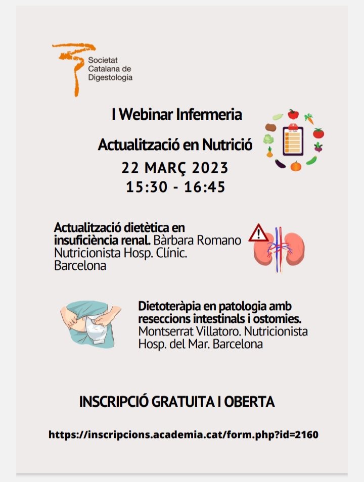 labrilrodriguez's tweet photo. Grup d'Infermeria de la Societat Catalana de Digestologia ens plau convidar-vos a la I Webinar que tindrà lloc de forma gratuita i oberta. Infermers/es interessats en formar part del grup contacteu: labril@psmar.cat o rgarciam@clinic.cat #digestiu #nutrició #infermeria https://t.co/tpcCoZoSoG
