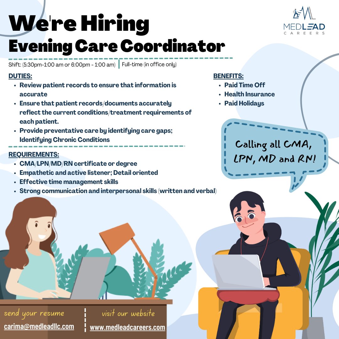 Calling all CMA, LPN, RN and MD for the
Brooklyn, NY office!!

#medleadcareers #eveningcarecoordinator #reviewing
#auditjobs #brooklynjobs #paidtimeoff #healthinsurance
#paidholidays #GreatPlaceToWork