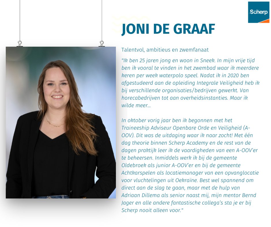 Voorstel Vrijdag 🙋‍♀️

Vandaag stelt onze trainee Joni de Graaf zich voor!

“Dit was de uitdaging waar ik naar zocht! Met één dag theorie binnen Scherp Academy en de rest van de dagen praktijk leer ik de vaardigheden van een A-OOV’er te beheersen." 💬

#voorstelvrijdag #samenscherp