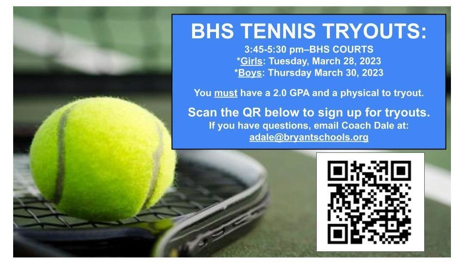 Love tennis? Tryout for the BHS Tennis team at the end of March. Contact Coach Angel Dale for more information. 🎾