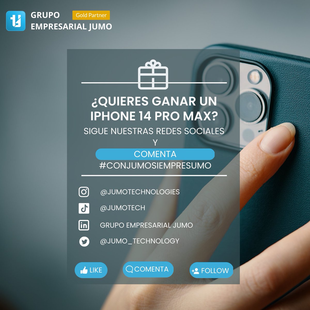 Nos complace anunciar que estamos sorteando un
¡IPHONE 14 PRO MAX!
Estamos realizando este Giveaway Internacional, para que cualquiera de vosotros pueda ganar

¿Cómo podéis participar?

Siguenos n nuestra página de Linkedin y comenta: 
#ConJumoSiempreSumo
linkedin.com/company/jumote…