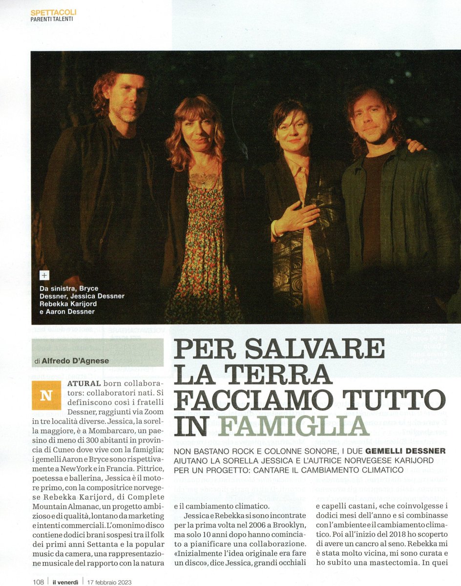 In occasione dell’uscita di <a href="/CompleteAlmanac/">CompleteMountainAlmanac</a>   📆🌿 esordio dell'omonimo progetto composto da Rebekka Karijord e Jessica Dessner affiancate da Bryce e Aaron Dessner,  <a href="/ilvenerdi/">Il Venerdì di Repubblica</a> in edicola oggi intervista i 3 fratelli Dessner  <a href="/bellaunion/">Bella Union</a> <a href="/pias_global/">[PIAS]</a> 
ffm.to/completemounta…