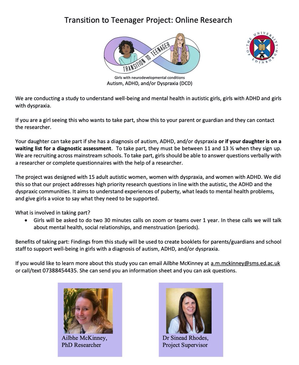 I've really enjoyed meeting those of you who took part in this study

Still looking for more girls to take part, especially girls with ADHD

Invited: Girls between 11-13.5 with a diagnosis of autism, ADHD, dyspraxia (DCD) or on a waiting list for an assessment of one of these