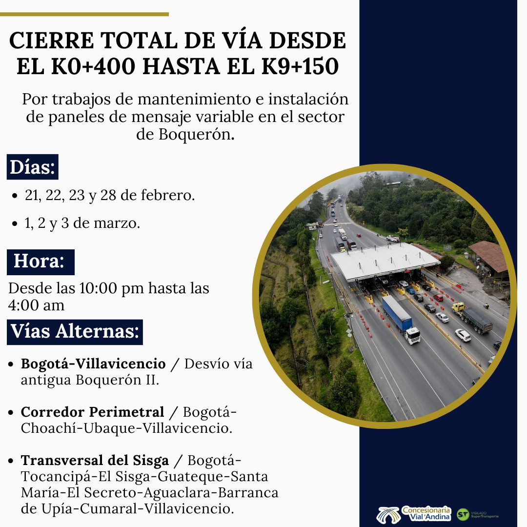 CoviandinaSAS's tweet photo. ¡Atención! Cierre total de vía desde el K0+400 hasta el K9+150 por mantenimiento e instalación de paneles de mensaje variable en el sector de Boquerón. ¡Trabajamos para ofrecerle una mejor vía hacia los Llanos Orientales! https://t.co/9NXgVLyCqO