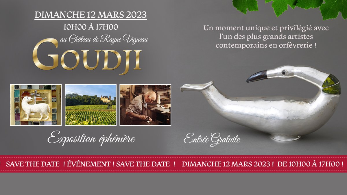 RayneVigneau's tweet photo. Exposition Goudji (Artiste orfèvre ) à Rayne Vigneau
Dimanche 12 Mars 2022 (10h à 17h)
#goudji #raynevigneau #orfevrerie #beauxarts #artcontemporain #artiste #dinanderie #pieceunique #argent #winelover #sauternes #gironde #vinsdebordeaux #sweetwine https://t.co/ZgEFNsVwcM