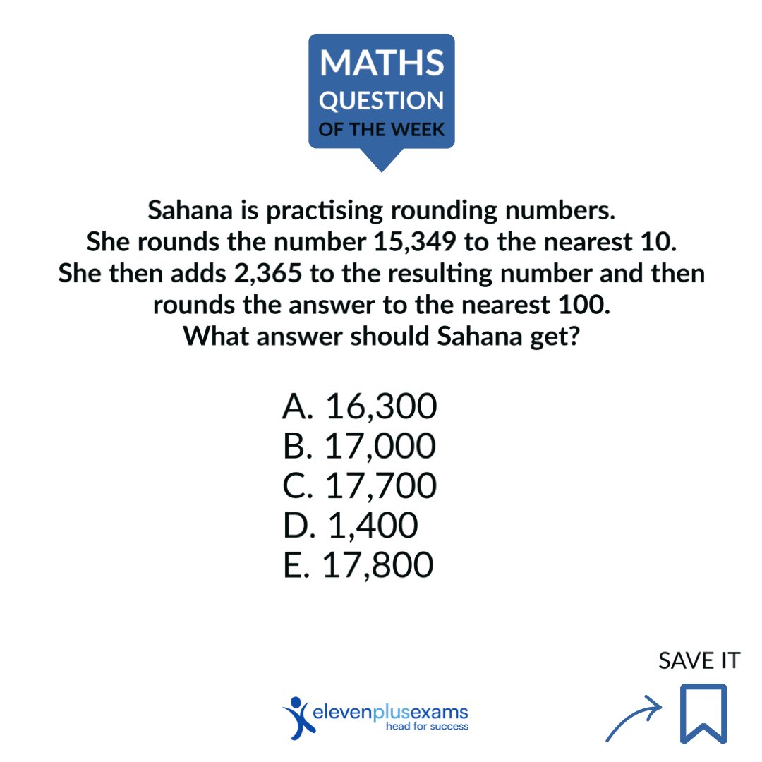 ElevenPlusExams's tweet image. 🤔 QUESTION OF THE WEEK: 𝘙𝘰𝘶𝘯𝘥𝘪𝘯𝘨 ⁣

Do you know the answer? 👇

#edutwitter #mathsquestions #HalfTerm