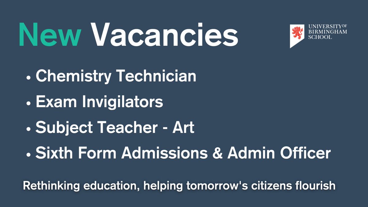 UoBSchool's tweet photo. Join our team today. View our new vacanices here https://t.co/SCSRltuv5i
- Chemistry Technician
- Exam Invigilators
- Subject Teacher - Art
- Sixth Form Admissions &amp; Admin Officer

#jobsearch #vacancies #jobs #vacancy #birmingham #edutwitter #schools https://t.co/7KFSwZ04nS