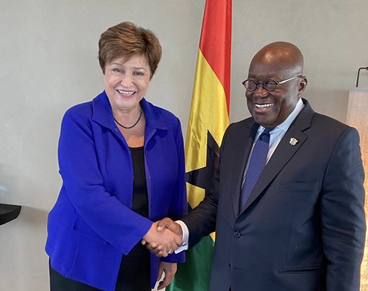 KGeorgieva's tweet photo. Wonderful to meet 🇬🇭President @NAkufoAddo at #MSC2023. Very pleased to hear authorities are making progress on bringing the staff-level agreement to the IMF Exec. Board. We support Ghana’s efforts to stabilize the economy &amp; promote an inclusive recovery. https://t.co/rwrsTIPEoF https://t.co/0E5Ir4HmqU