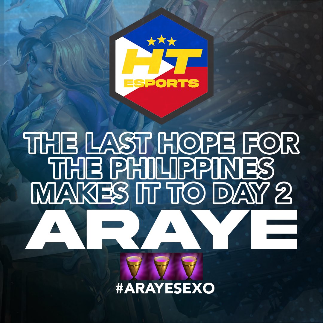HTEsportsPH's tweet photo. THE PHILIPPINES' LAST HOPE
Congratulations to ARaye for making it to day 2 of today's qualifiers! After going 8th in game 1, he was able to bounce back and fight for a spot in the top 16! LABAN!
#HTFIGHTING #PHNUMBAWAN #ARAYESEXO https://t.co/bsSL7pehjI