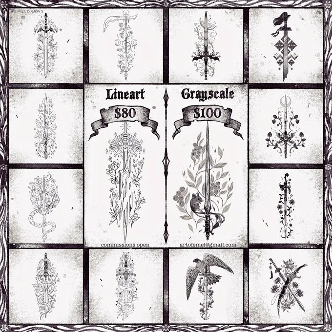 Hi, I'm open for sword/weapon tattoo commissions once again. But I'm only accepting lineart and grayscale designs for now. Thanks for the support! 💖

📧 artofemel@gmail.com 