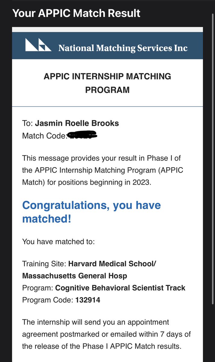 I am so excited to announce that I matched at @harvardmed/@MGHPsychiatry! Thrilled to finish my PhD training at a world renowned academic medical center and complete this last step toward Dr. Jasmin! This proud Black woman is going to Harvard. #APPIC #matchday #appicmatch2023