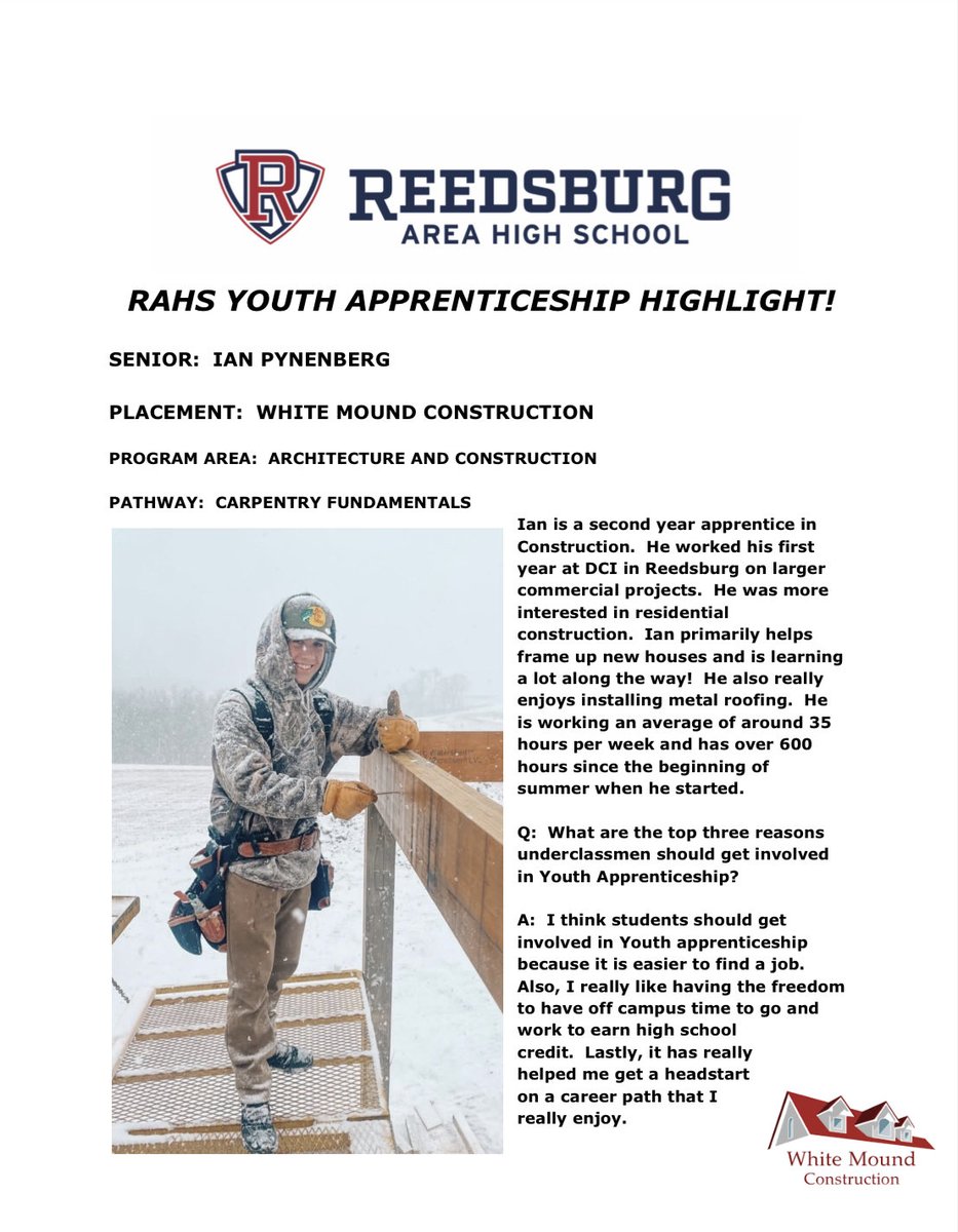 DaveAnliker's tweet photo. Youth Apprenticeship Highlight!  Congratulations Ian Pynnenbeng!!  #ReedsburgPride https://t.co/BhvTYs3hFf