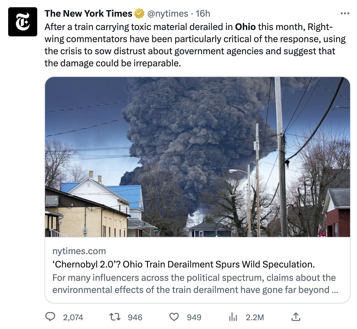 ChristinaPushaw's tweet image. When I say "legacy media hates you," this is what I mean...

NY Times: Gas stoves are health risks

Also NY Times: Concerns about health risks from a train load of toxic chemicals burning for days = "wild speculation"