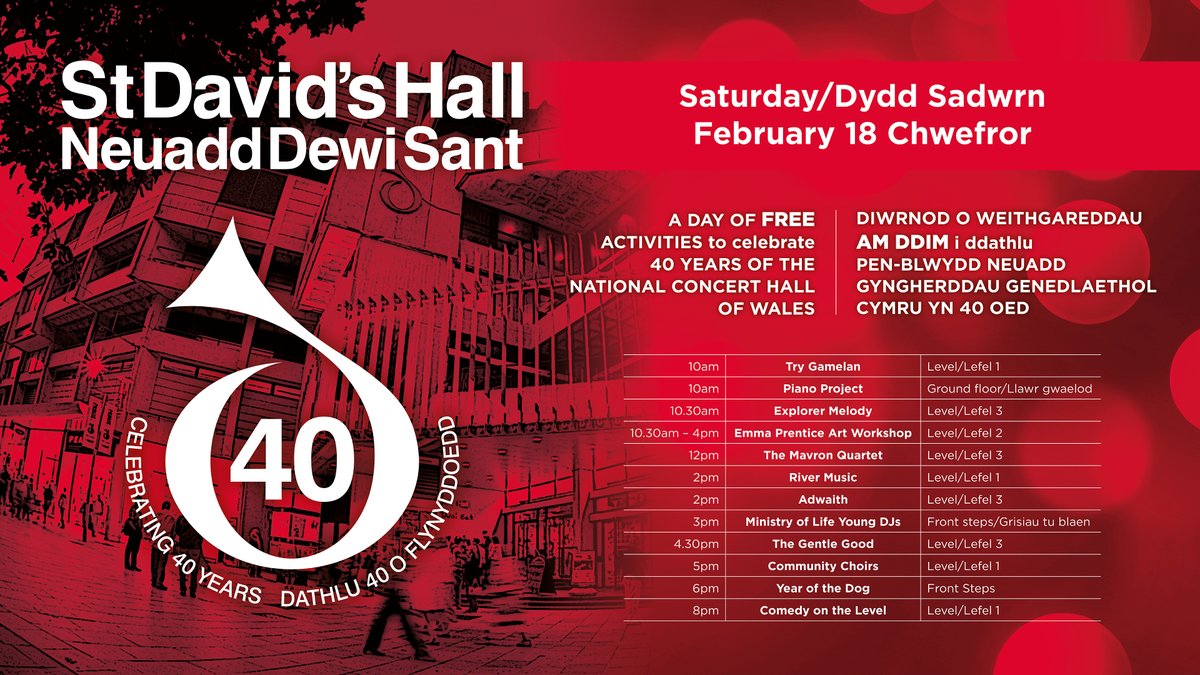 St David's Hall (@stdavidshall) on Twitter photo **TODAY – 18 FEB**
We’re celebrating our 40th birthday in style with a day of FREE events including <a href="/adwaithmusic/">Adwaith</a>, <a href="/ghbonello/">Gareth Bonello</a>, <a href="/YOTDband/">Year of the Dog</a>, <a href="/MavronQuartet/">The Mavron Quartet</a> and a range of fun activities curated by <a href="/ArtsActive/">Arts Active</a>.
Join us from 10am!
MORE INFO: bit.ly/3RWcZT4
#StDavidsHall40 **TODAY – 18 FEB**
We’re celebrating our 40th birthday in style with a day of FREE events including <a href="/adwaithmusic/">Adwaith</a>, <a href="/ghbonello/">Gareth Bonello</a>, <a href="/YOTDband/">Year of the Dog</a>, <a href="/MavronQuartet/">The Mavron Quartet</a> and a range of fun activities curated by <a href="/ArtsActive/">Arts Active</a>.
Join us from 10am!
MORE INFO: bit.ly/3RWcZT4
#StDavidsHall40