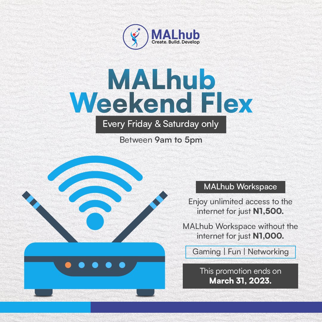 malhubng's tweet photo. MALhub Workspaces Weekend Flex. 

- Enjoy unlimited access to the internet for N1,500

- MALhub workspace without the internet for N1000

For Booking: Contact 0816 895 3635

Let’s connect at MALhub 🎊 https://t.co/ti87MziYSg