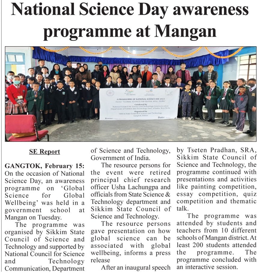 SikkimsT's tweet photo. Press release on Awareness programme conducted by SSCST on National Science Day at Mangan Girls Sr. Sec School. https://t.co/21oHKvMzm8