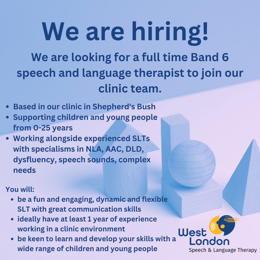 A rare opportunity to join our clinic team! Full time B6 from Sept 2023. Get in touch for a chat or apply by sending your cv to info@wlspeechtherapy.co.uk by 6th March. We look forward to hearing from you 😊
#slcnjobs #mysltday